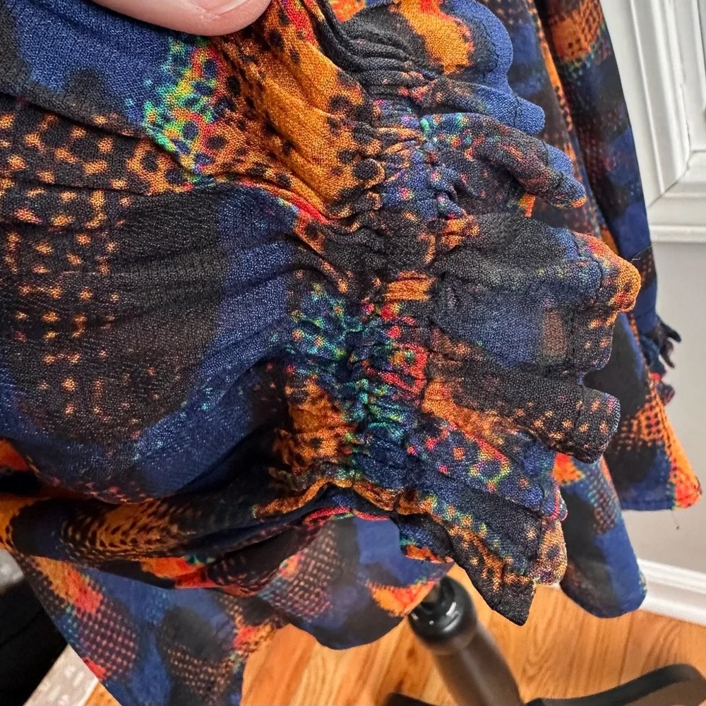 Anthropologie Blank London Eclectic Leopard Peasant Blouse Blue Orange Medium - Picture 6 of 12